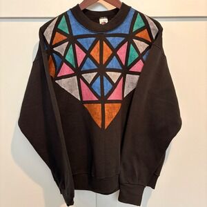 Fruit of the Loom Sweatshirt Women L Black Geometric Stained Glass Vintage USA